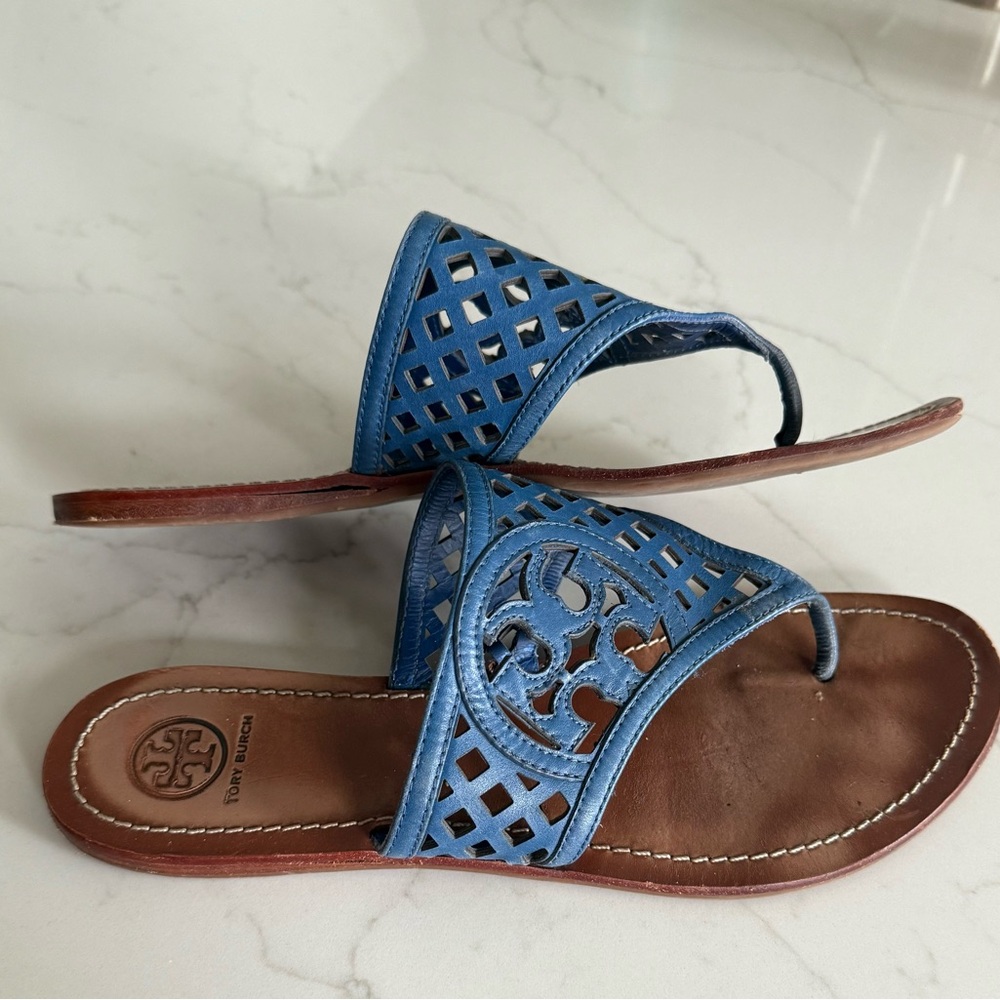 Tory Burch Blue Lattice Leather Sandals - Picture 4 of 9